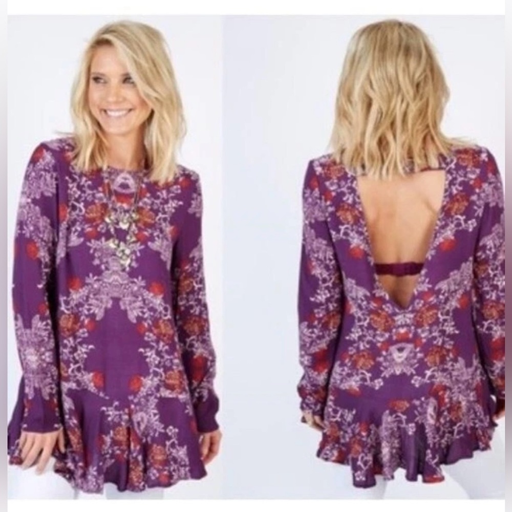 Free People Smooth Talker Purple Floral Open Back Long Sleeved Ruffled Tunic Top
